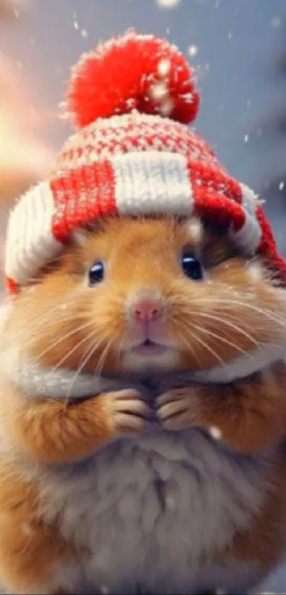 Adorable hamster with red knit hat in a snowy winter scene.