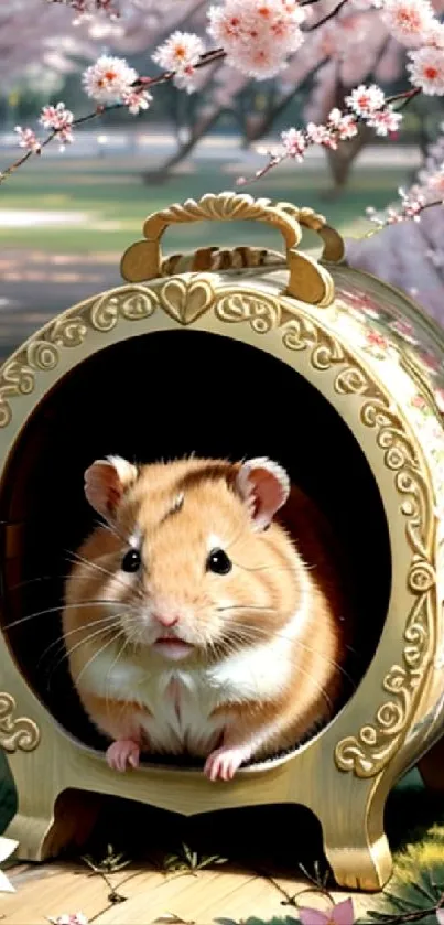 Adorable hamster in ornate cage with cherry blossoms.
