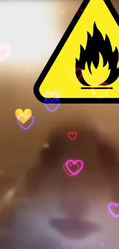 Hamster with fire hazard sign and hearts on a mobile wallpaper.