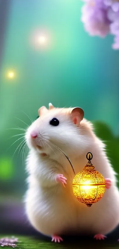 Hamster in a forest holding a glowing lantern.