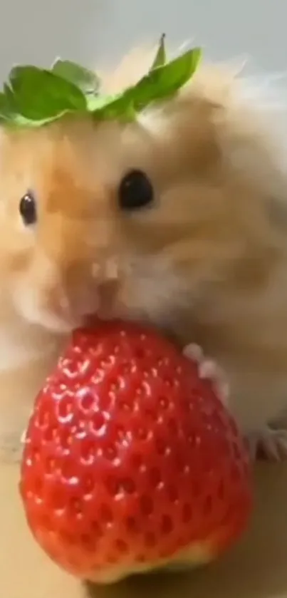 Cute fluffy hamster nibbling on a large red strawberry.