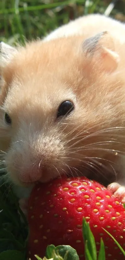 Hamster nibbling strawberry in grassy field.