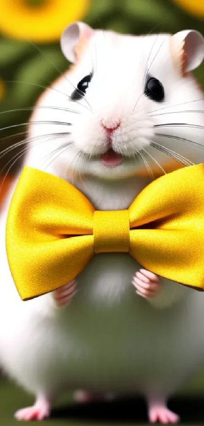 Adorable white hamster holding a yellow bow tie with bright flowers.