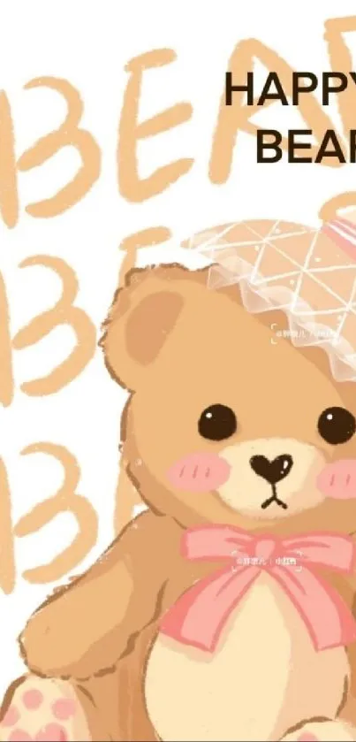 Cute teddy bear with pink bow and hat on mobile wallpaper.