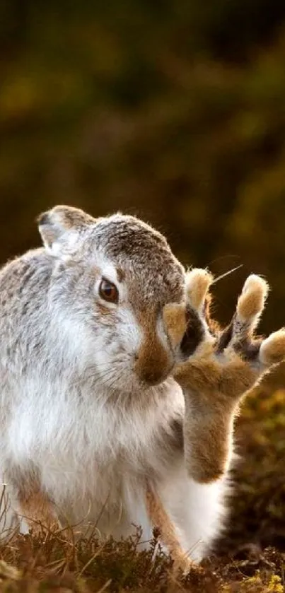 Adorable hare in natural habitat with fluffy fur and brown background.