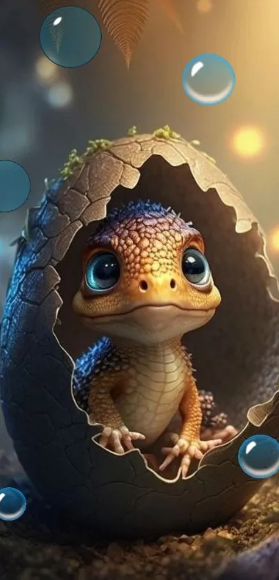 Cute hatchling peeks from cracked egg with bubbles in fantasy forest setting.