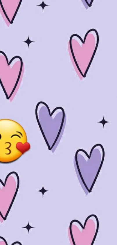 Cute wallpaper with hearts and emoji design on a lavender background.