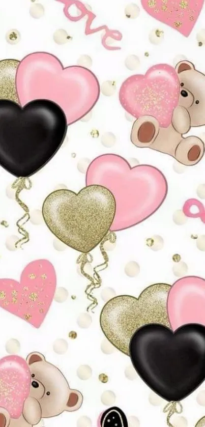 Cute wallpaper with hearts, bears, and balloons in pink, gold, and black.