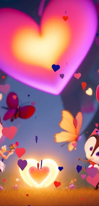 Colorful animated hearts and butterflies create a whimsical phone wallpaper.