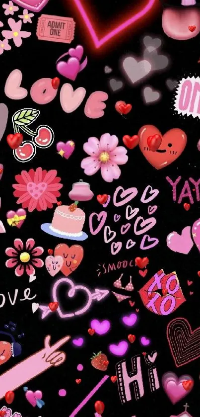 Cute mobile wallpaper with hearts and flowers on a black background.