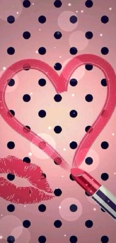 Pink heart and lipstick mobile wallpaper with polka dots.