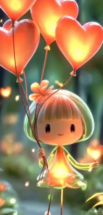 Cartoon character holding heart-shaped balloons in a whimsical scene.