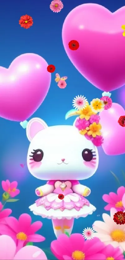 Cute character with heart balloons and flowers in a vibrant mobile wallpaper.