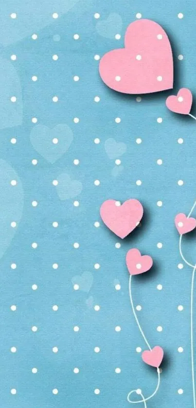 Cute pink heart balloons on a light blue polka dot background wallpaper.