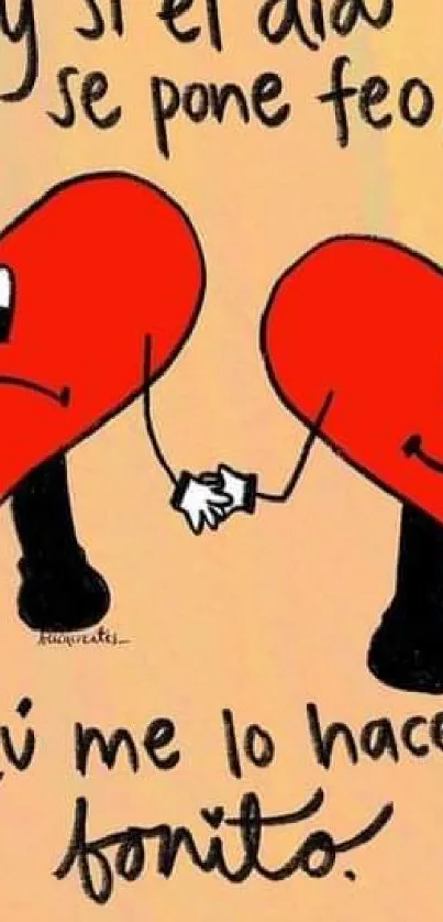 Cute cartoon hearts holding hands with playful expressions.