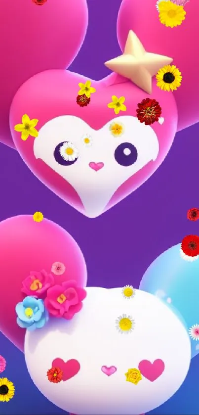 Cute heart-shaped cartoon characters on a purple background.