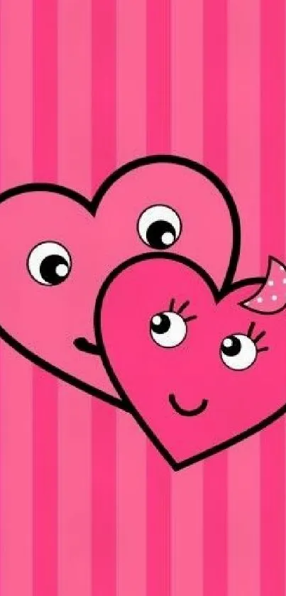 Two pink cartoon hearts with faces on a striped background.