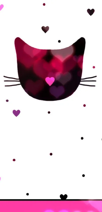 Cute cat wallpaper with pink hearts on a white background.