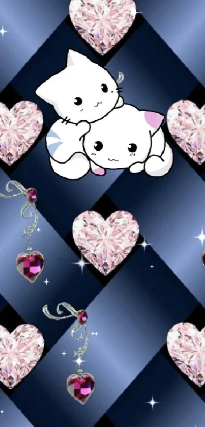 Cute cats and pink hearts on a dark background.