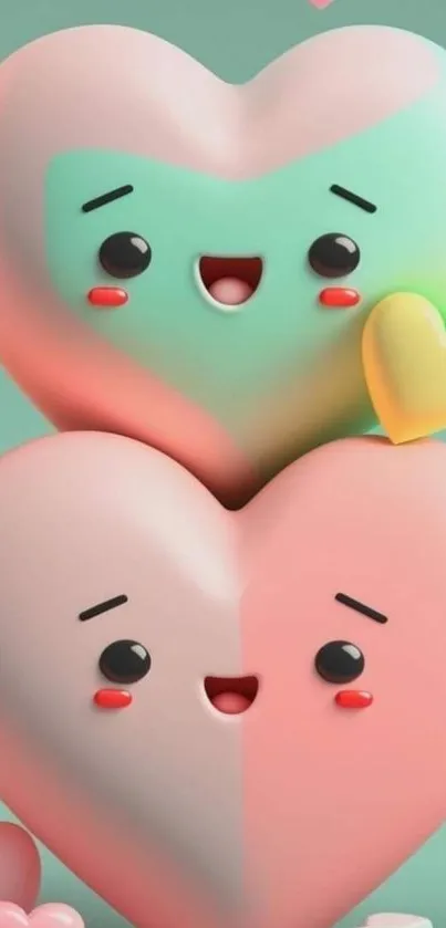 Cute cartoon heart characters with pastel colors and cheerful expressions.