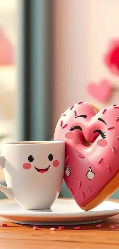 Smiley cup and heart-shaped donut with pink frosting.
