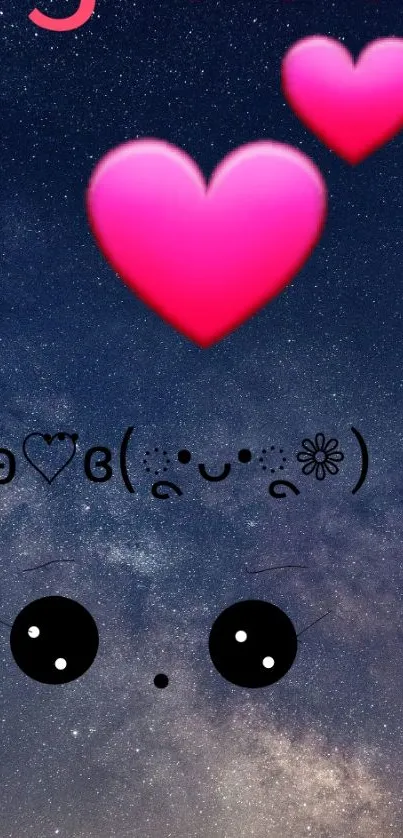 Cute wallpaper with pink hearts and a starry sky backdrop.