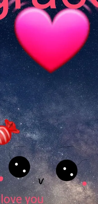 Cute wallpaper with heart, candy, and galaxy stars.