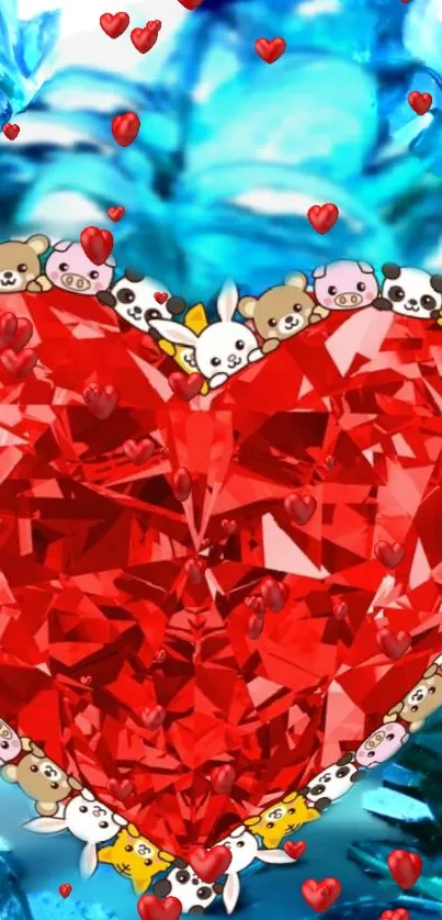 Red heart gem with animals on blue background.