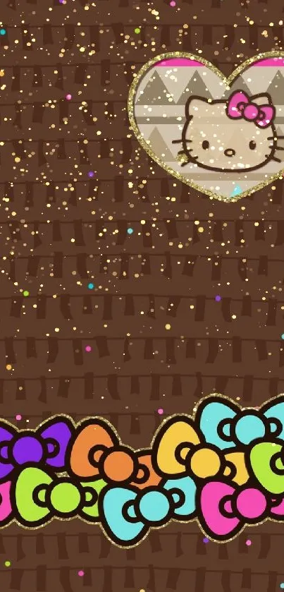 Cute Hello Kitty wallpaper with heart and colorful bows on brown background.