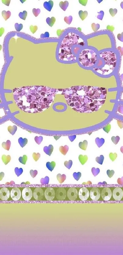 Cartoon kitty with sunglasses on a colorful heart background.