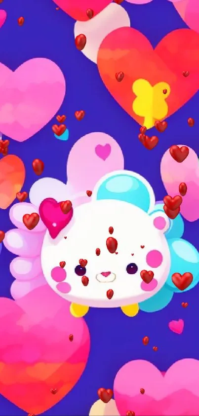 Cute cartoon character with colorful hearts on a blue background.