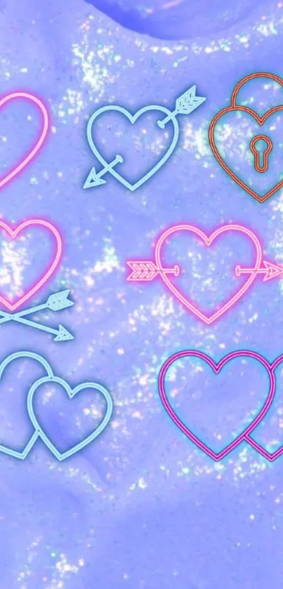 Neon heart designs on a lavender sparkling background.