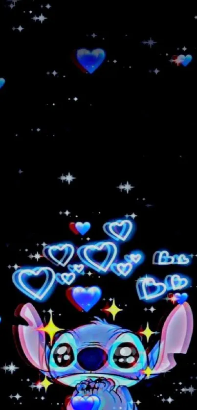 Neon wallpaper featuring cute character with glowing hearts.