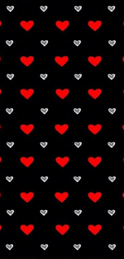 Mobile wallpaper with red and white hearts on black background.