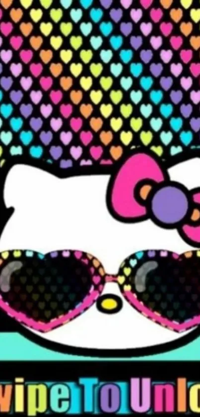 Hello Kitty wallpaper with colorful hearts and sunglasses.