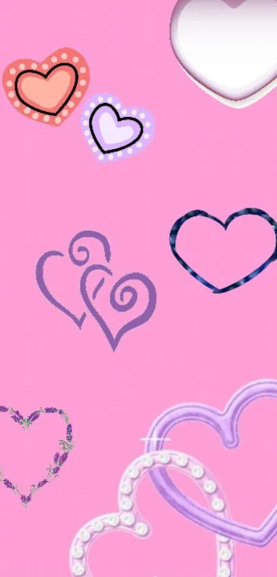 Pink wallpaper with cute heart designs.