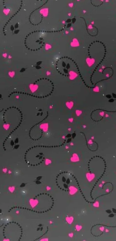 Dark background with pink heart pattern and swirls.