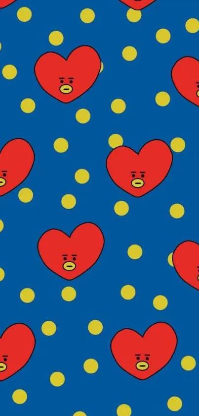 Mobile wallpaper with red hearts on a blue and yellow polka dot background.