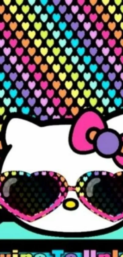 Cute character with colorful hearts and sunglasses on a vibrant wallpaper.