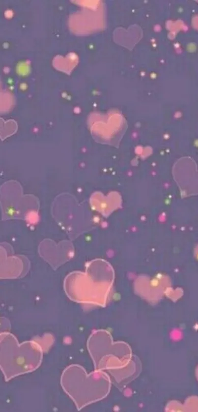 Mobile wallpaper with pink hearts on a purple background.