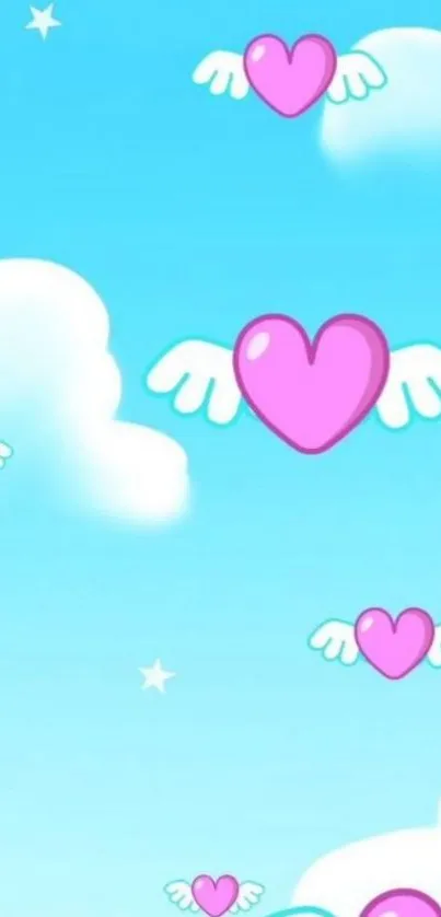 Mobile wallpaper with pink hearts and wings in a blue sky.