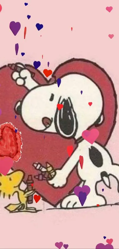 Snoopy hugging a heart with colorful hearts on pink background.