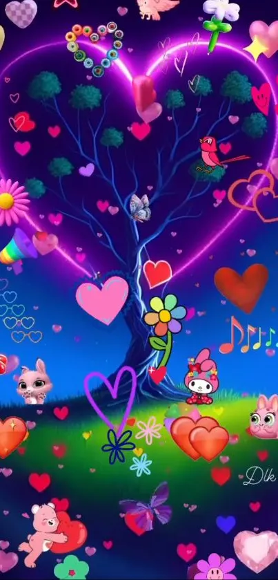 Whimsical heart-shaped tree with colorful elements on a mobile wallpaper.