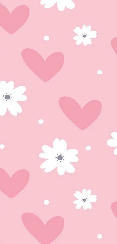 Cute wallpaper with pink hearts and white flowers on a mobile background.