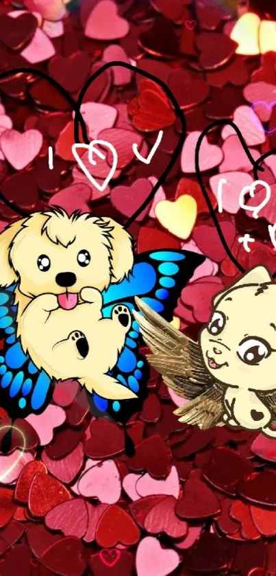 Cute puppies with wings on a heart-filled background.