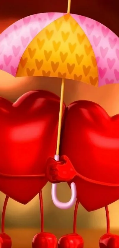 Two red hearts under a colorful umbrella in a cute cartoon style mobile wallpaper.