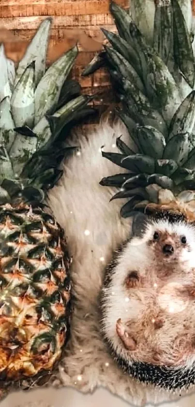 Hedgehog between two pineapples on a fuzzy background.