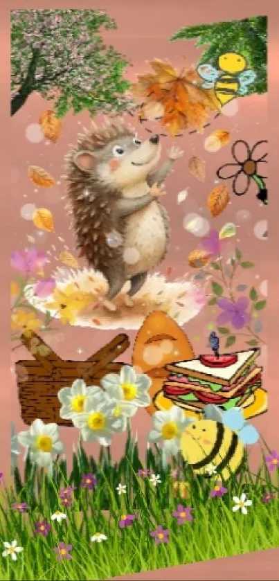 Cute hedgehog with autumn backdrop and flowers.