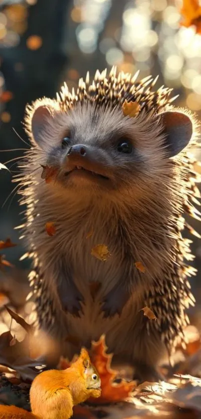 Cute hedgehog with fall leaves in forest setting.