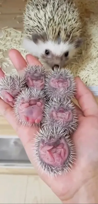 A mother hedgehog with newborns in a hand.